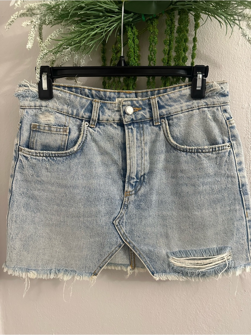 Zara Light Blue Distressed Denim Mini Skirt